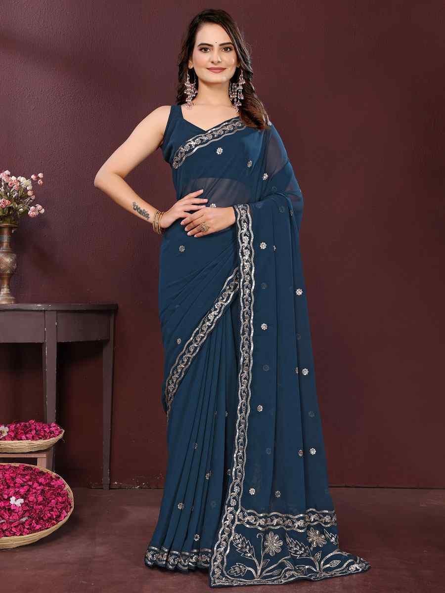 Teal Georgette Embroidery Party Bridal Reception Festival Wedding Fancy Heavy Border Saree