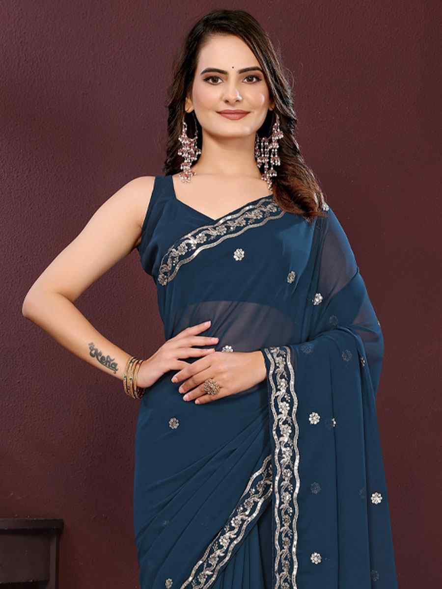 Teal Georgette Embroidery Party Bridal Reception Festival Wedding Fancy Heavy Border Saree