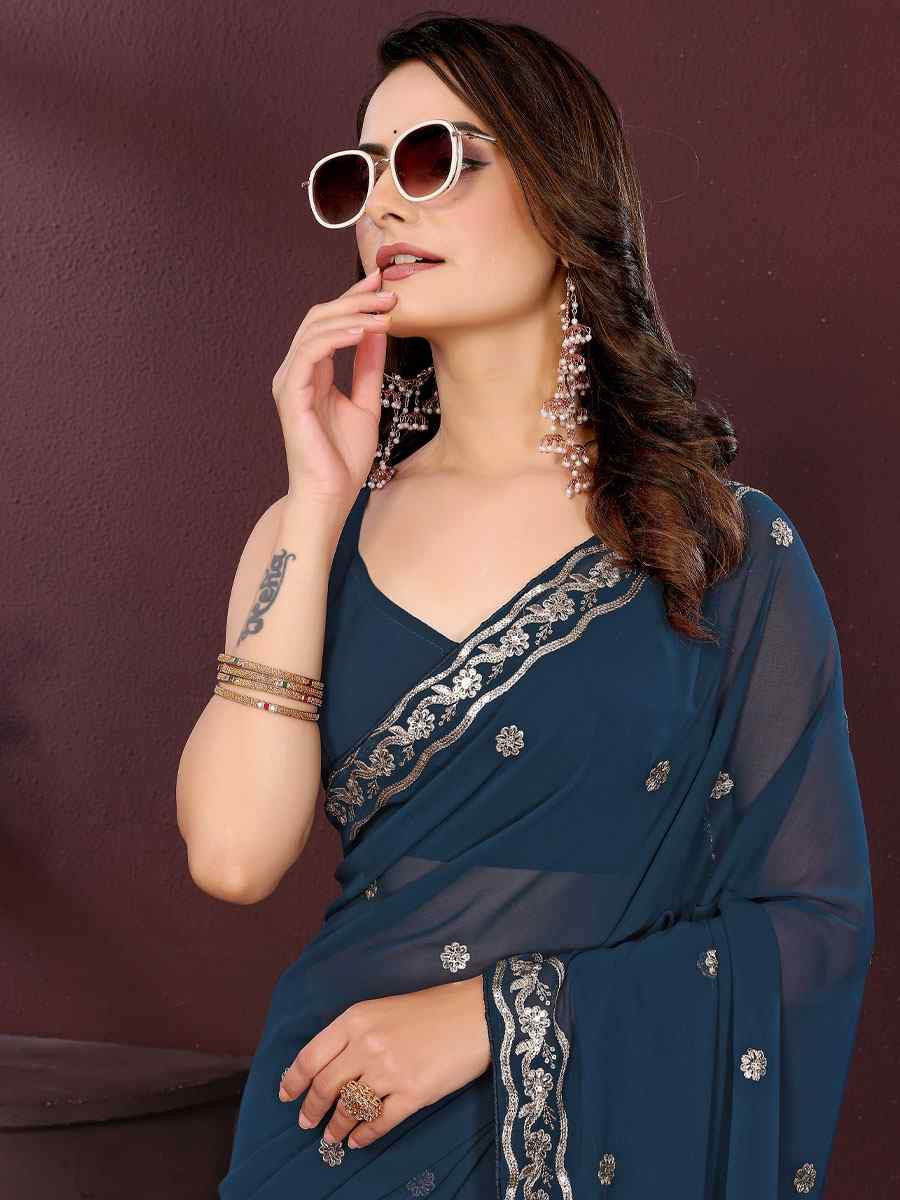 Teal Georgette Embroidery Party Bridal Reception Festival Wedding Fancy Heavy Border Saree