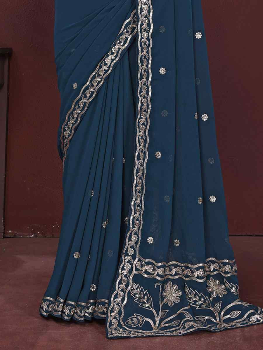 Teal Georgette Embroidery Party Bridal Reception Festival Wedding Fancy Heavy Border Saree