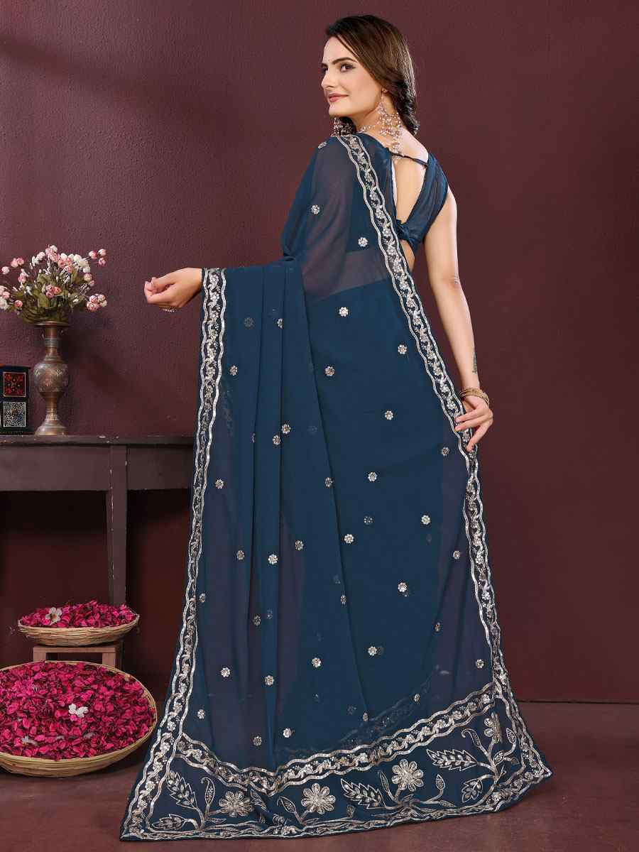 Teal Georgette Embroidery Party Bridal Reception Festival Wedding Fancy Heavy Border Saree