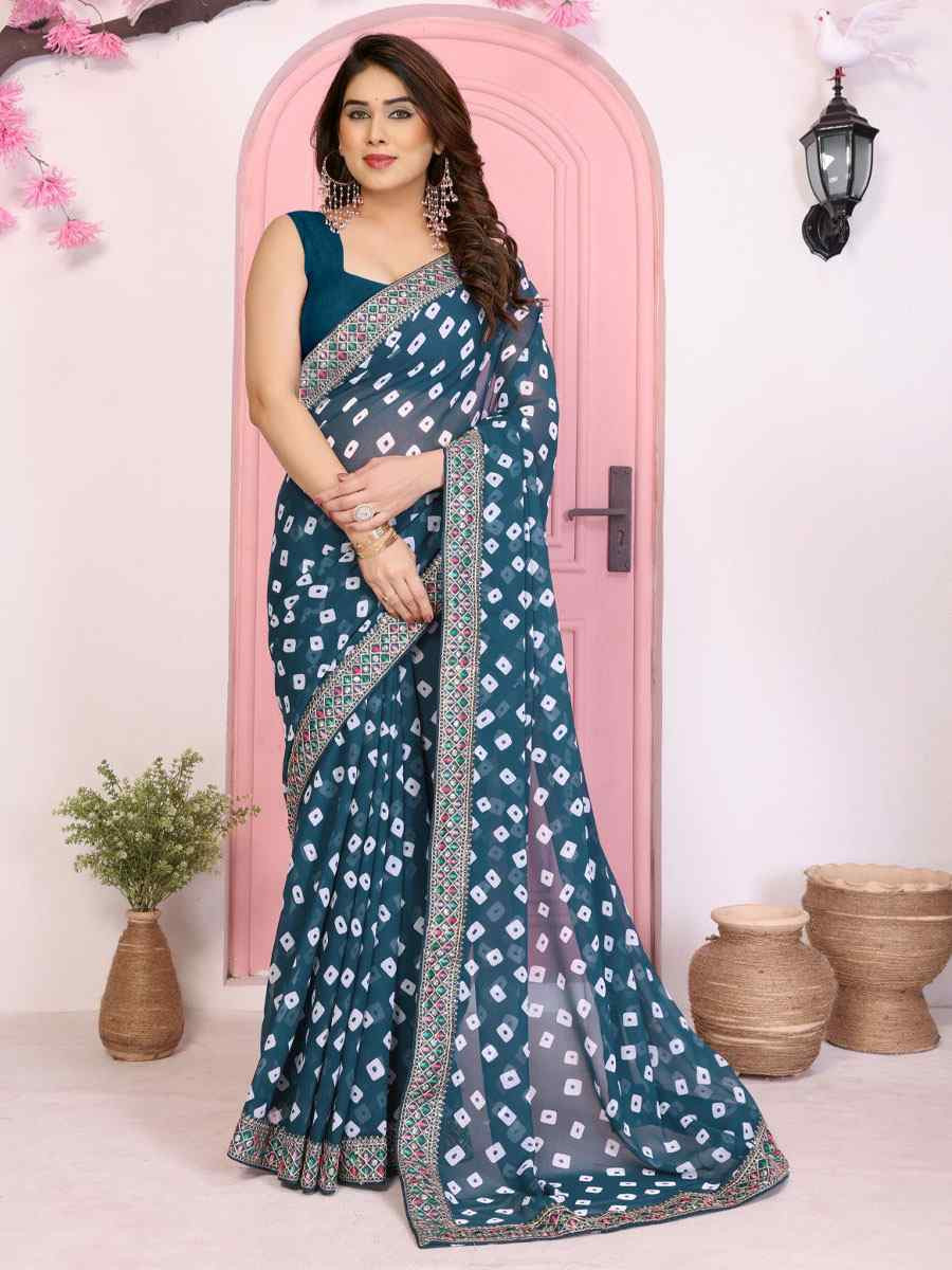 Teal Georgette Embroidery Printed Traditional Bridal Reception Festival Wedding Fancy Heavy Border Saree