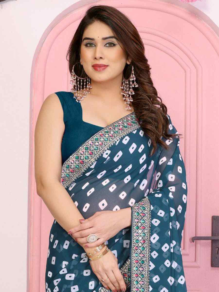 Teal Georgette Embroidery Printed Traditional Bridal Reception Festival Wedding Fancy Heavy Border Saree