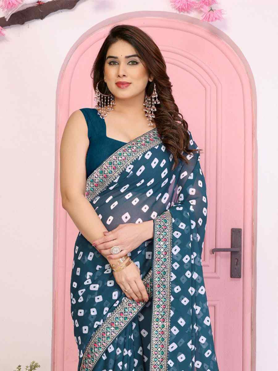 Teal Georgette Embroidery Printed Traditional Bridal Reception Festival Wedding Fancy Heavy Border Saree