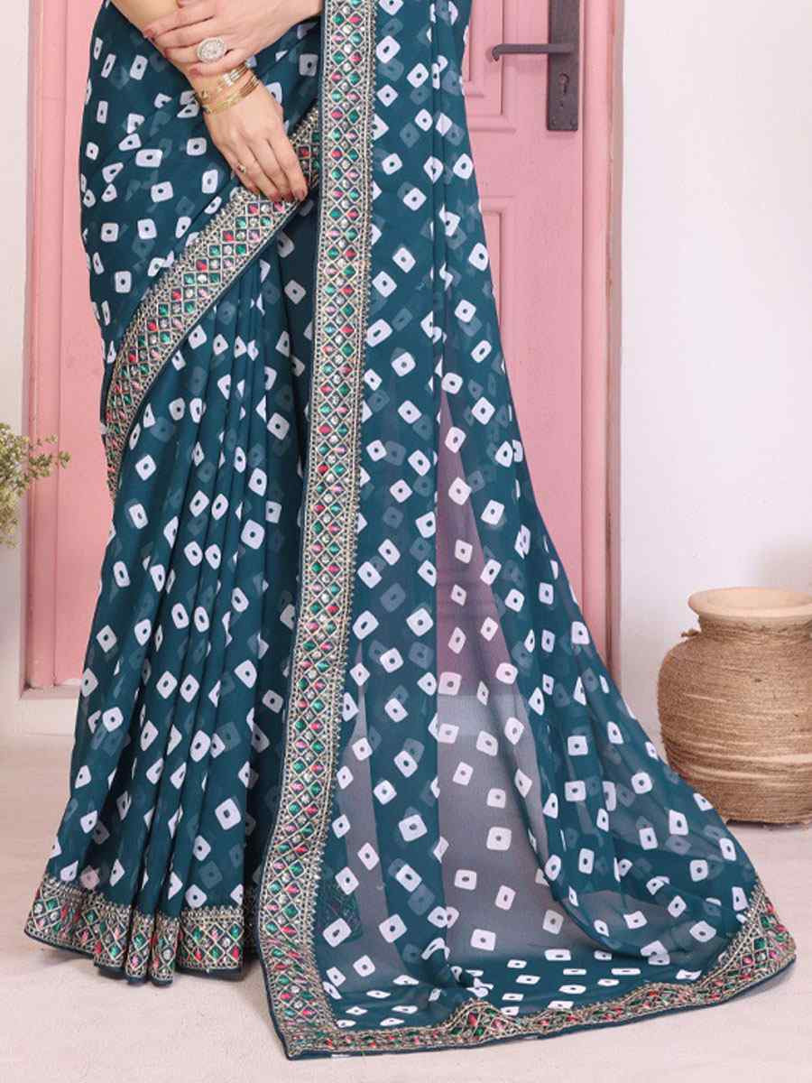 Teal Georgette Embroidery Printed Traditional Bridal Reception Festival Wedding Fancy Heavy Border Saree