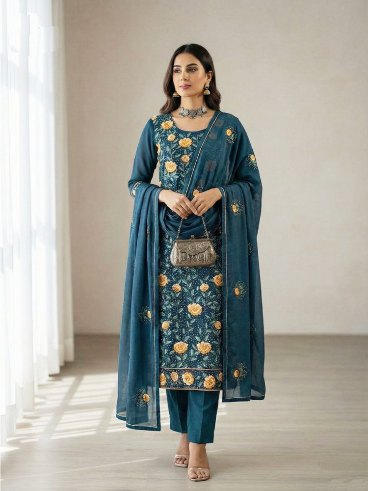Image of Teal Georgette Embroidery Sequins Wedding Party Festival Ready Pant Salwar Kameez