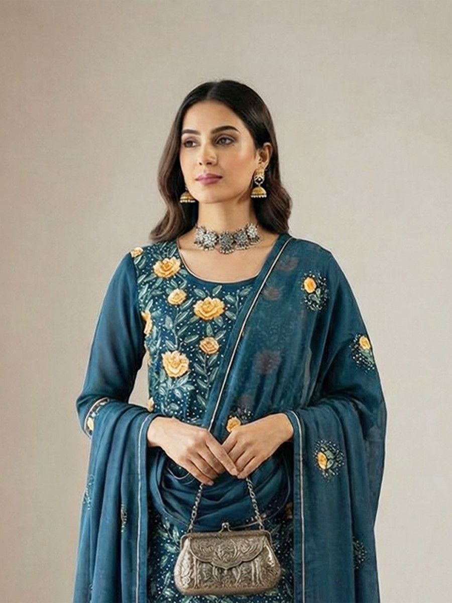 Teal Georgette Embroidery Sequins Wedding Party Festival Ready Pant Salwar Kameez