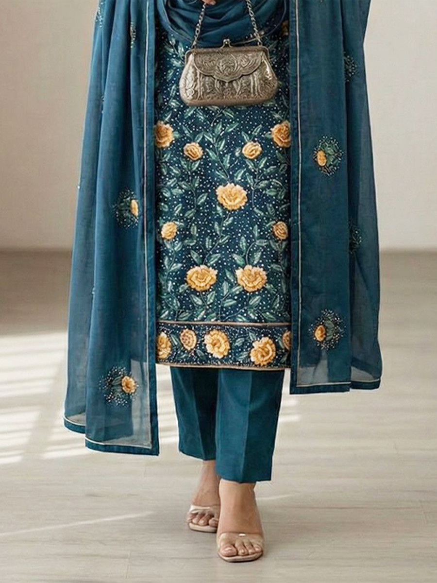Teal Georgette Embroidery Sequins Wedding Party Festival Ready Pant Salwar Kameez
