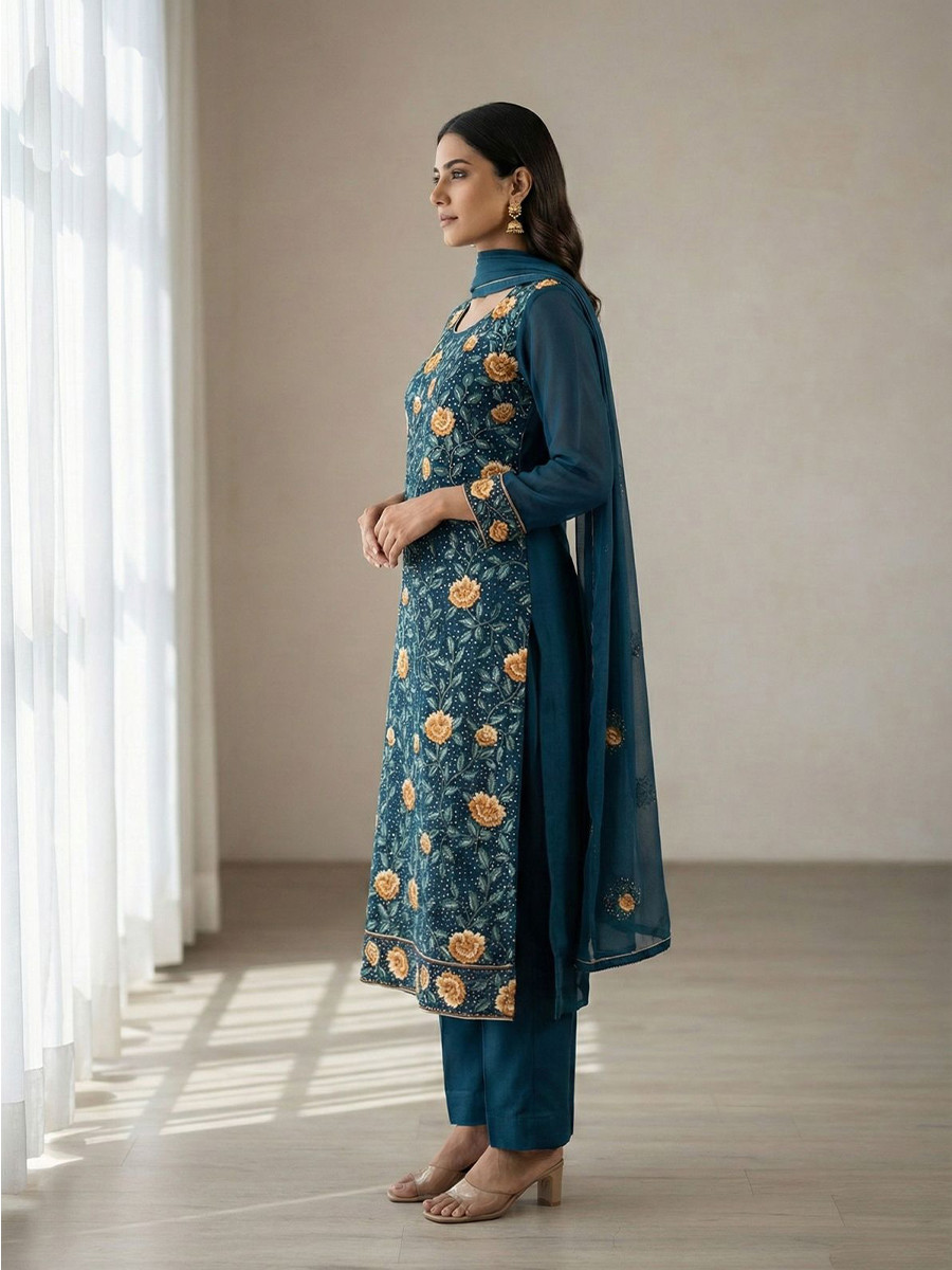 Teal Georgette Embroidery Sequins Wedding Party Festival Ready Pant Salwar Kameez
