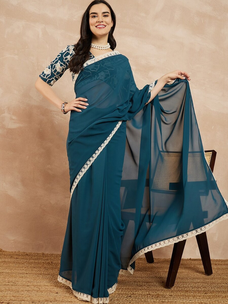 Teal Georgette Embroidery Wedding Reception Party Festival Casual Classic Style Sarees