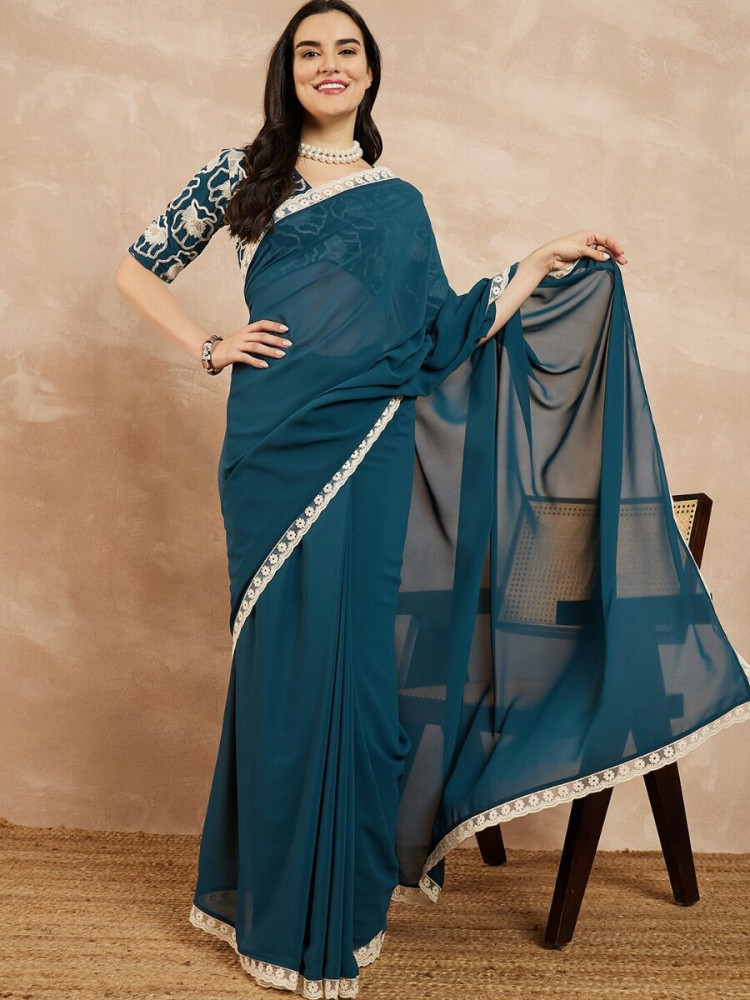 Image of Teal Georgette Embroidery Wedding Reception Party Festival Casual Classic Style Sarees
