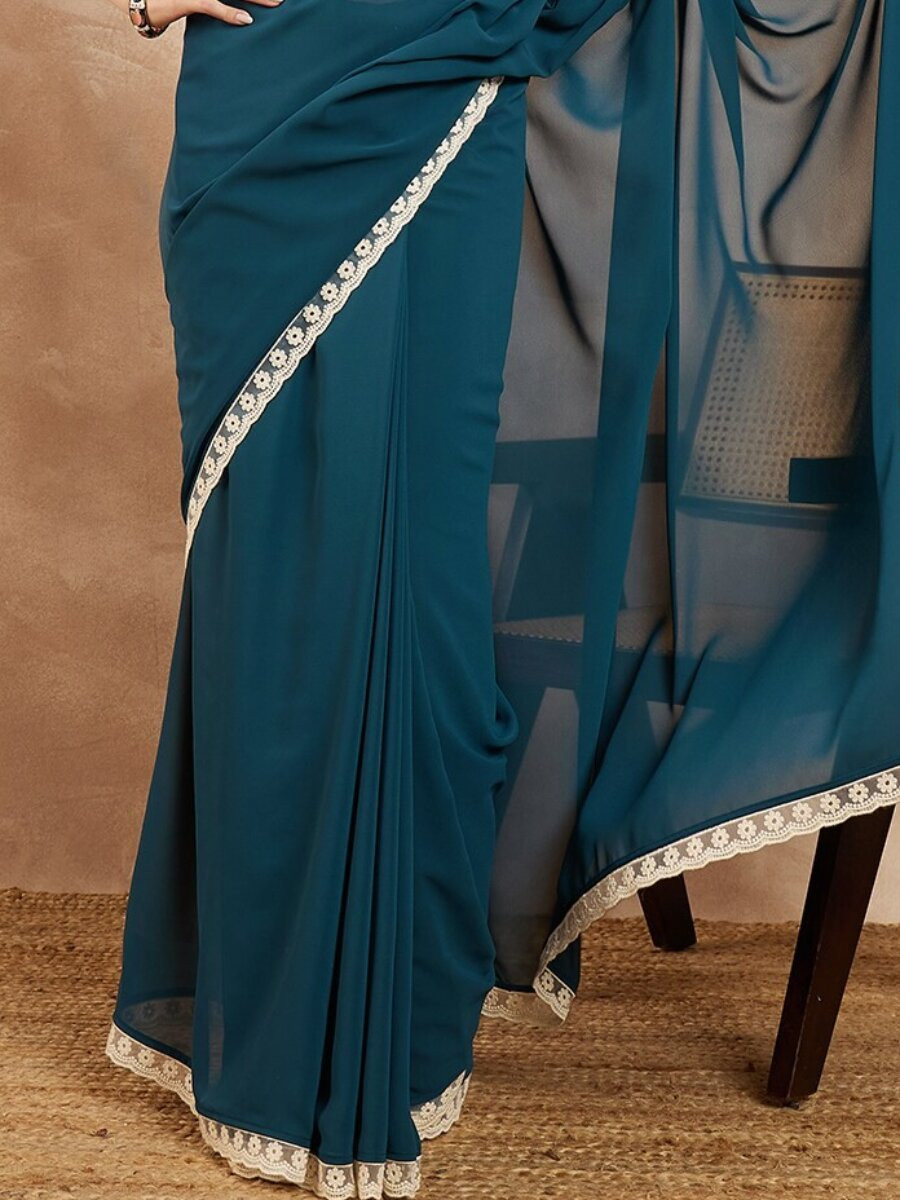 Teal Georgette Embroidery Wedding Reception Party Festival Casual Classic Style Sarees