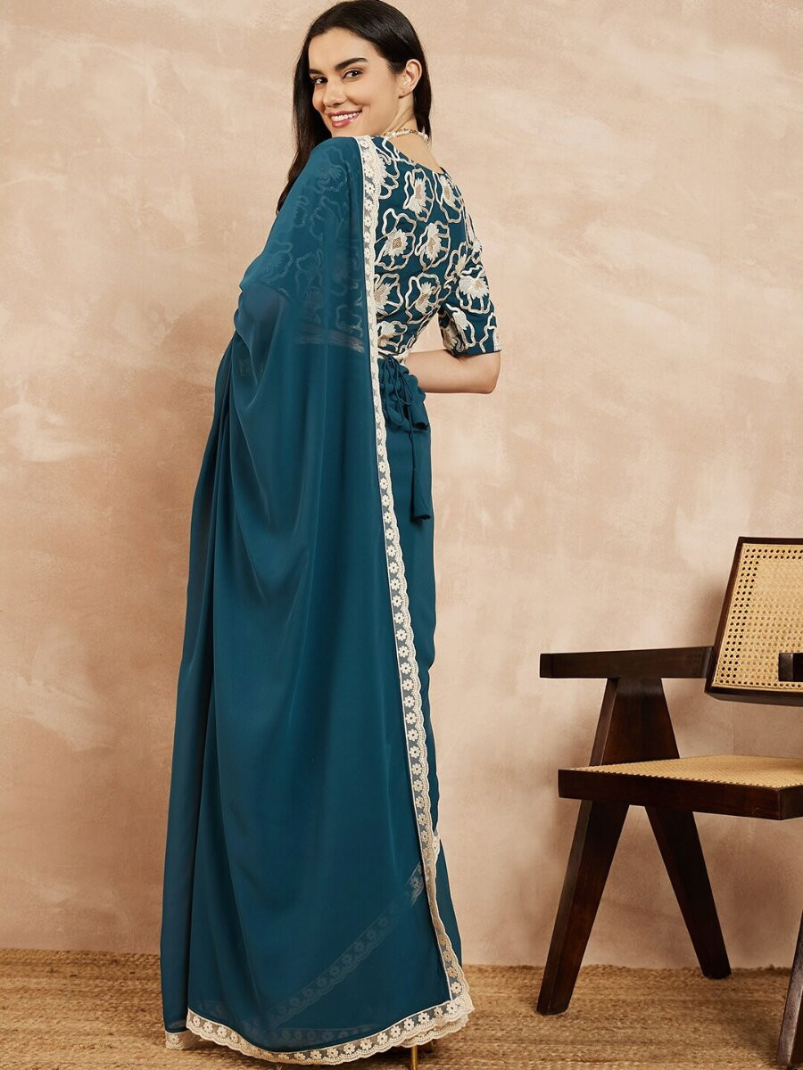 Teal Georgette Embroidery Wedding Reception Party Festival Casual Classic Style Sarees