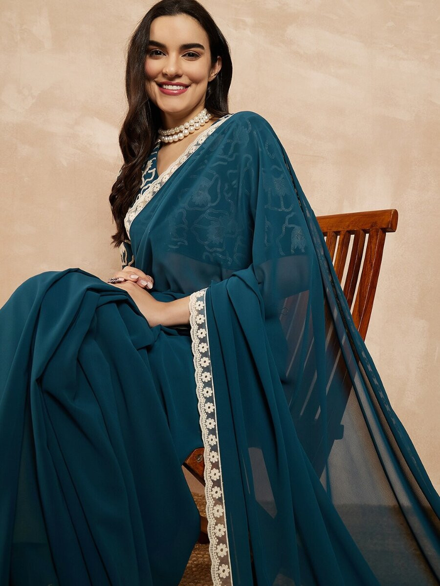 Teal Georgette Embroidery Wedding Reception Party Festival Casual Classic Style Sarees