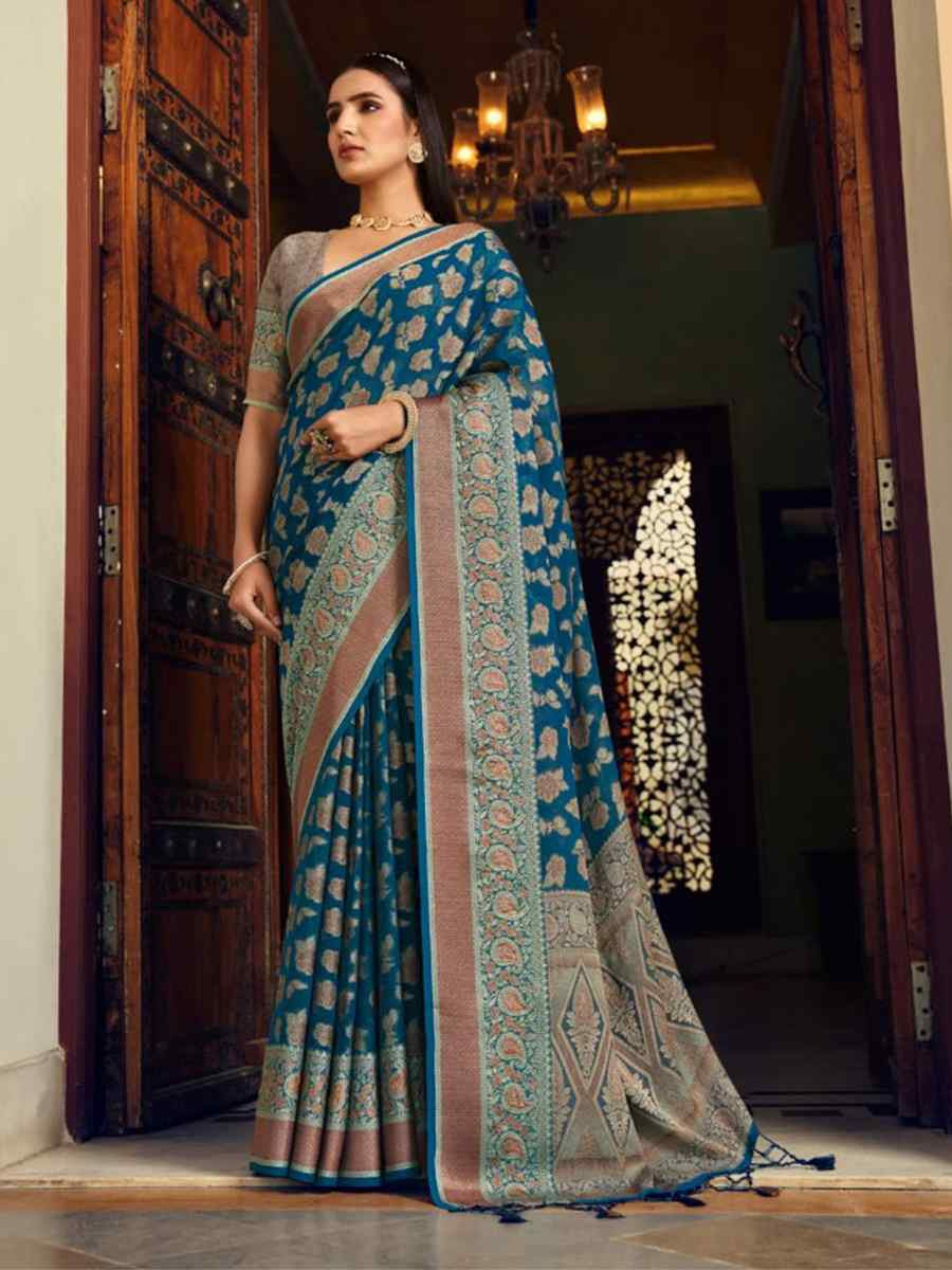 Teal Georgette Handwoven Festival Wedding Fancy Heavy Border Saree