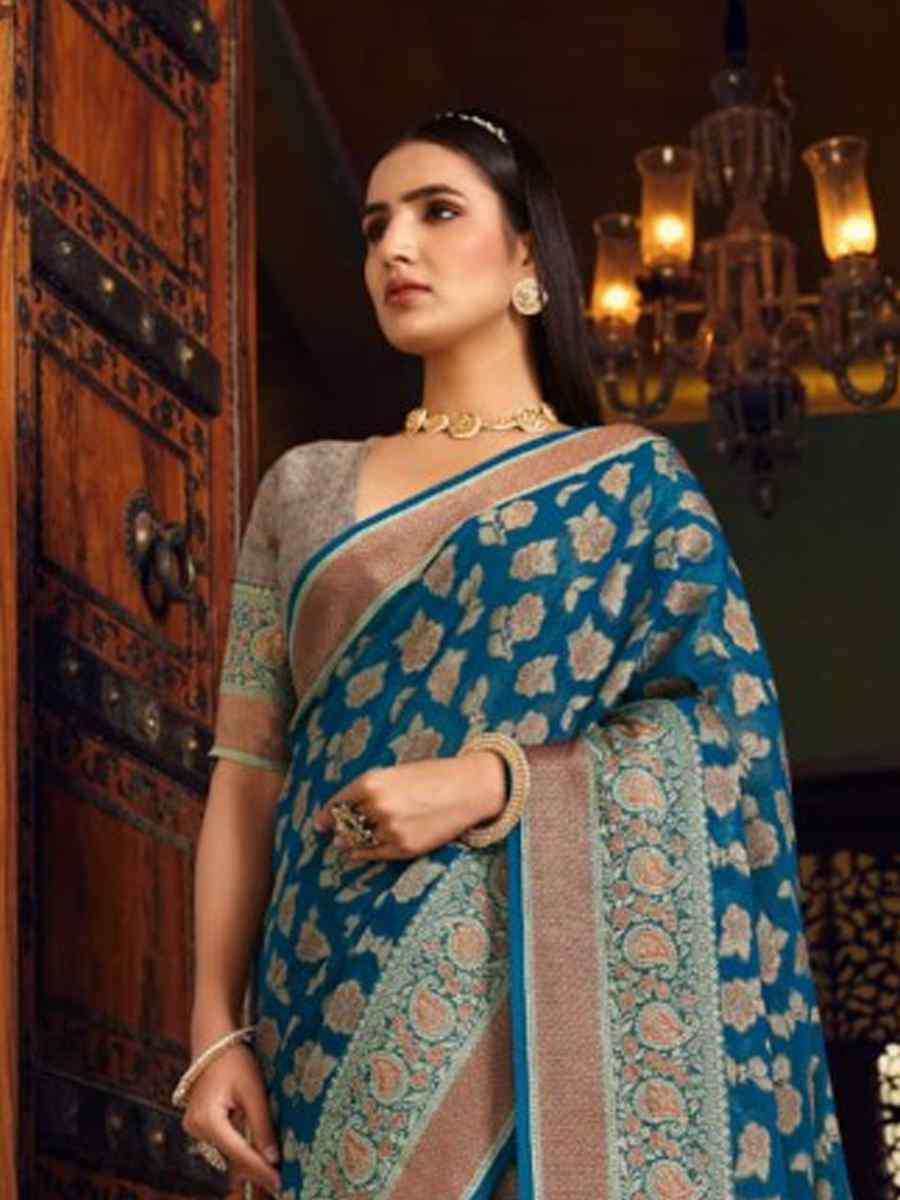 Teal Georgette Handwoven Festival Wedding Fancy Heavy Border Saree
