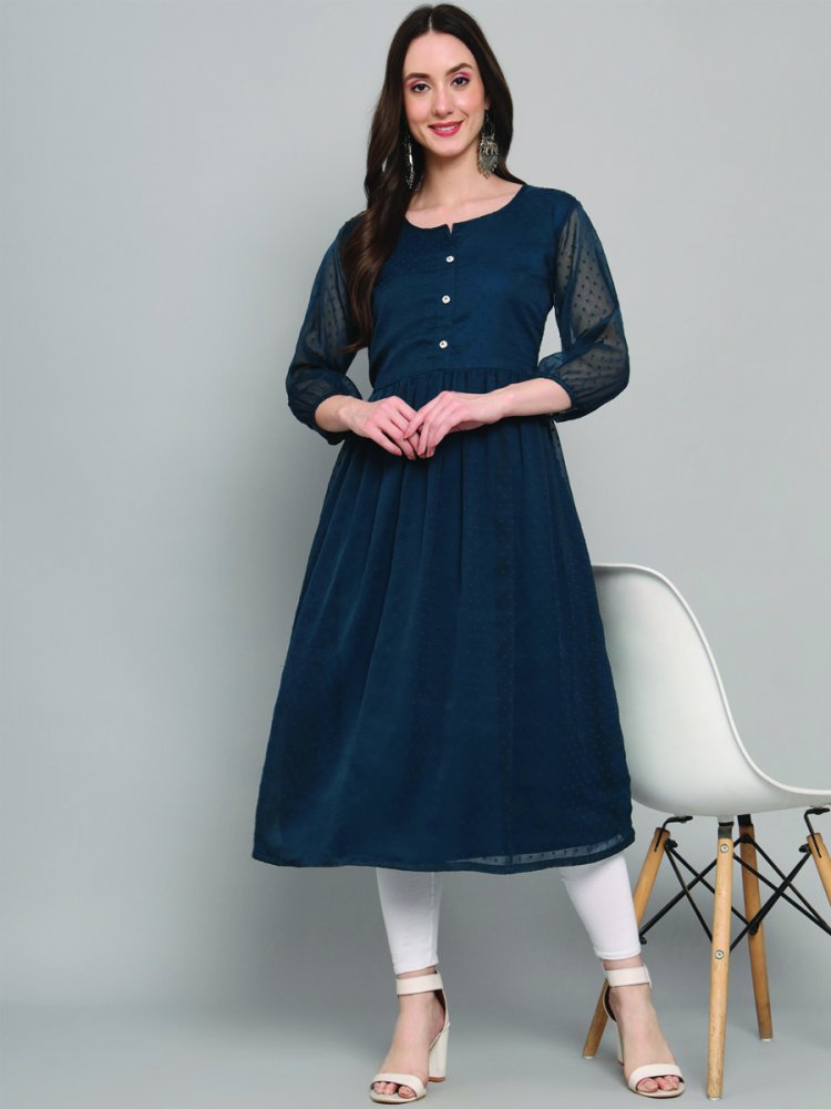 Teal Georgette Plain Festival Casual Kurti