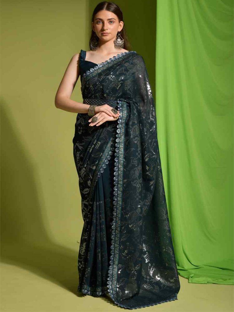 Teal Georgette Sequins Party Festival Classic Style Saree