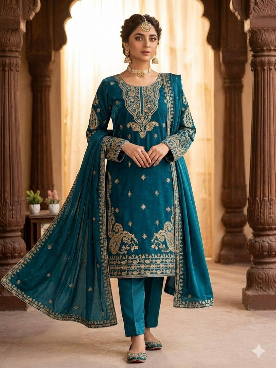 Teal Glass Roman Silk Embroidery Sequins Zari Wedding Party Festival Casual Pant Salwar Kameez