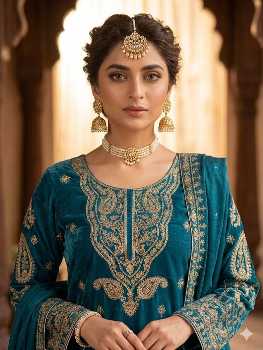 Teal Glass Roman Silk Embroidery Sequins Zari Wedding Party Festival Casual Pant Salwar Kameez