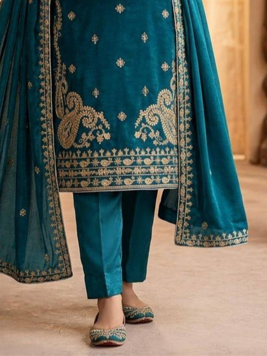 Teal Glass Roman Silk Embroidery Sequins Zari Wedding Party Festival Casual Pant Salwar Kameez