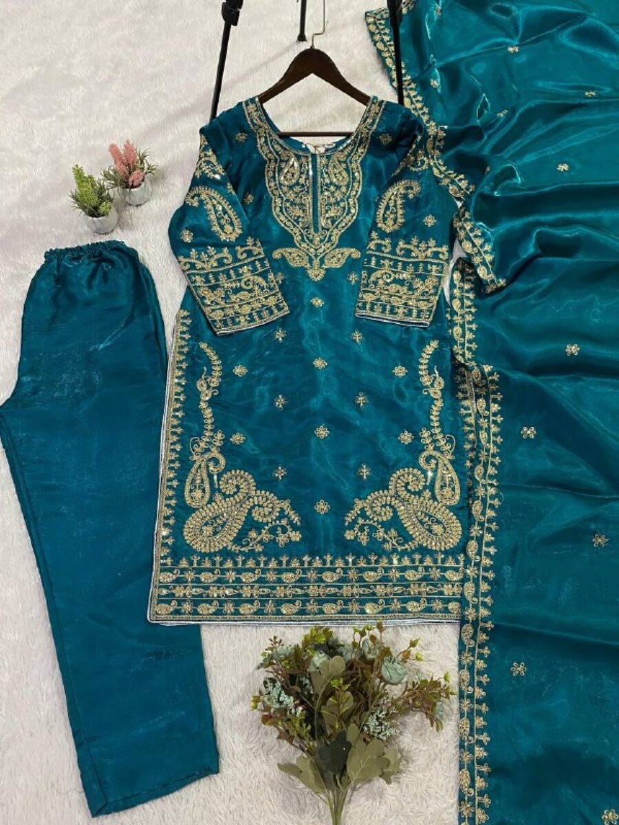 Teal Glass Roman Silk Embroidery Sequins Zari Wedding Party Festival Casual Pant Salwar Kameez