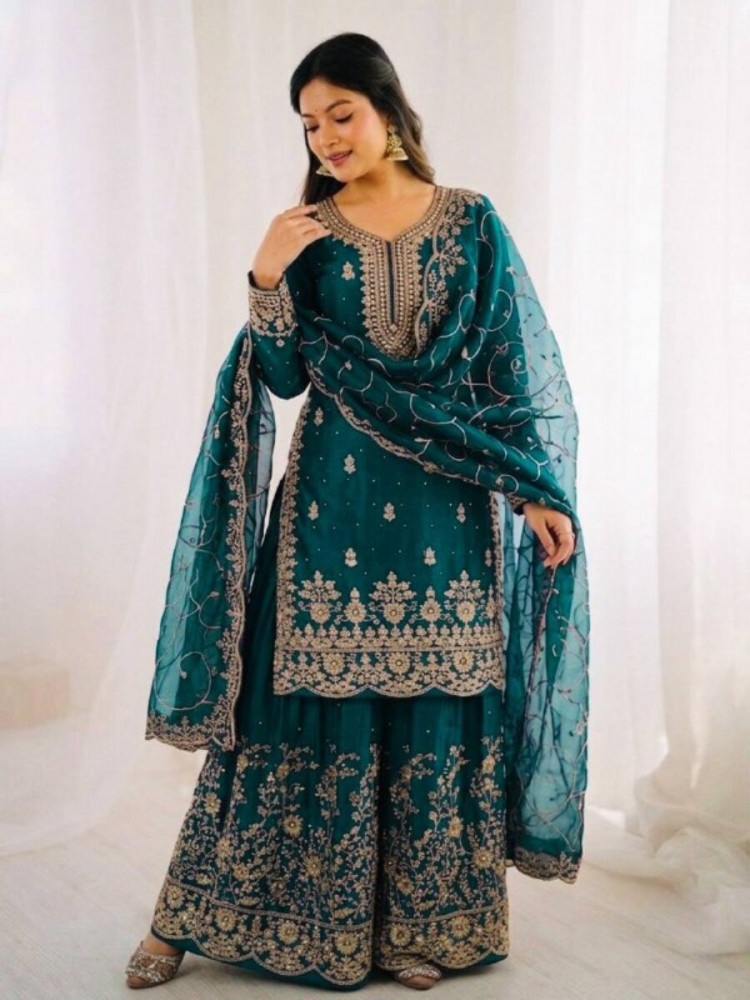 Image of Teal GMY Silk Embroidery Sequins Wedding Party Festival Casual Ready Palazzo Pant Salwar Kameez