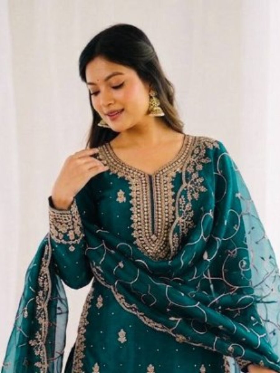 Teal GMY Silk Embroidery Sequins Wedding Party Festival Casual Ready Palazzo Pant Salwar Kameez