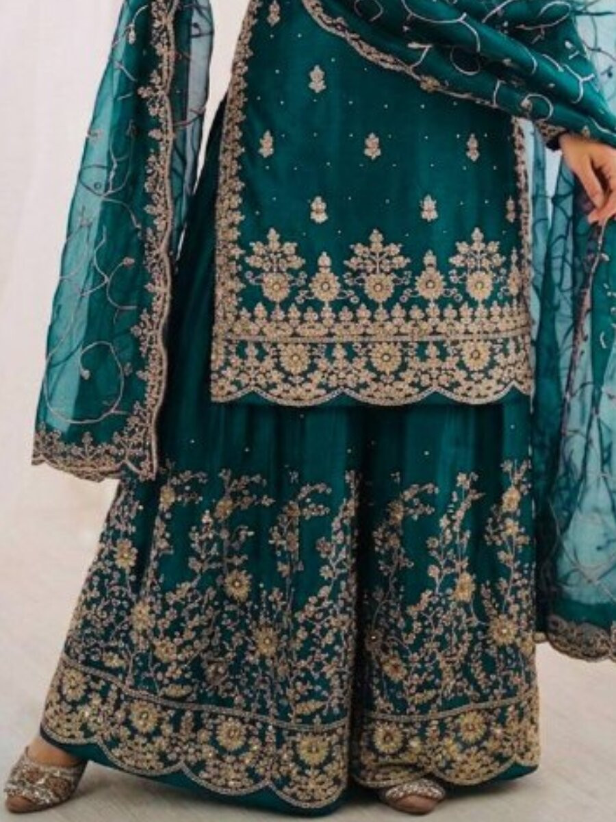 Teal GMY Silk Embroidery Sequins Wedding Party Festival Casual Ready Palazzo Pant Salwar Kameez