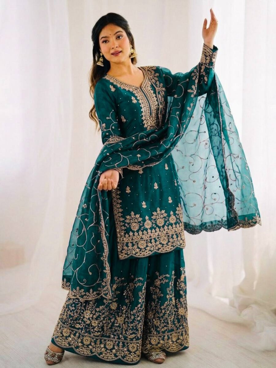 Teal GMY Silk Embroidery Sequins Wedding Party Festival Casual Ready Palazzo Pant Salwar Kameez