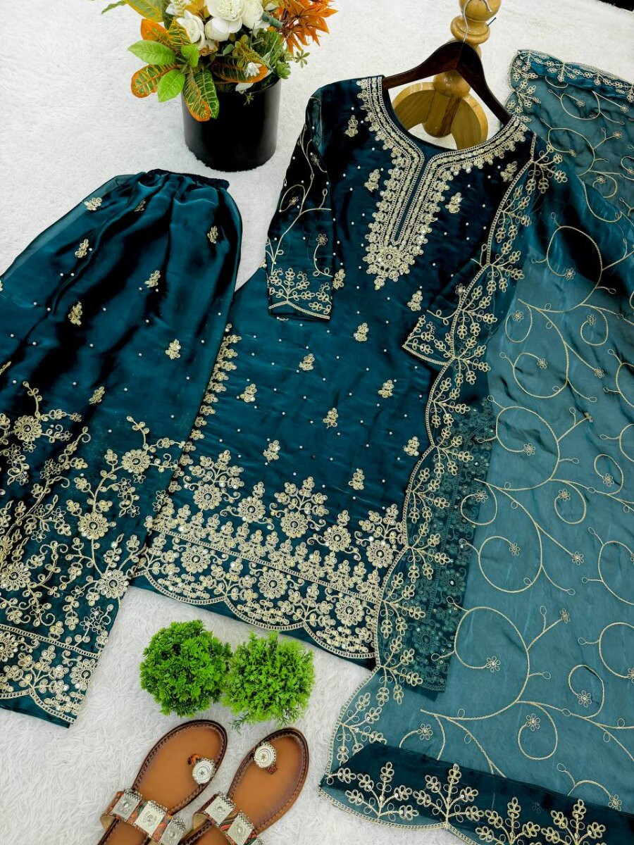 Teal GMY Silk Embroidery Sequins Wedding Party Festival Casual Ready Palazzo Pant Salwar Kameez