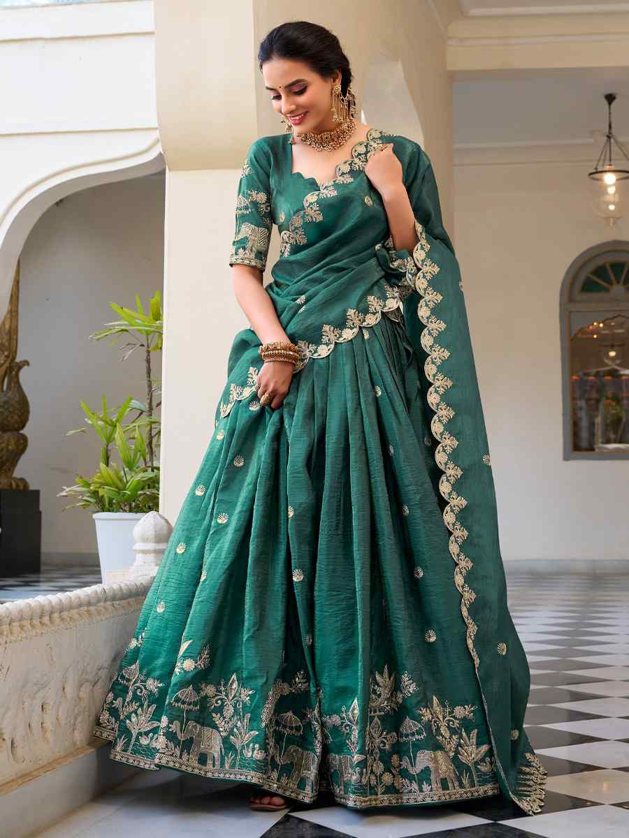 Teal Gold Crush Embroidered Reception Wedding Lehenga Choli