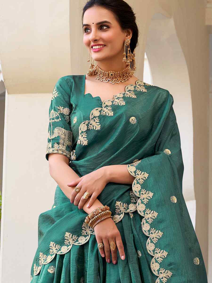 Teal Gold Crush Embroidered Reception Wedding Lehenga Choli