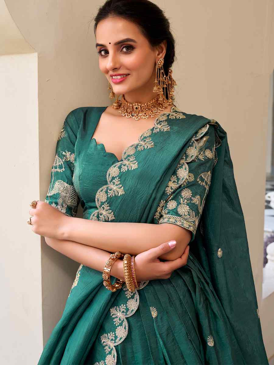 Teal Gold Crush Embroidered Reception Wedding Lehenga Choli
