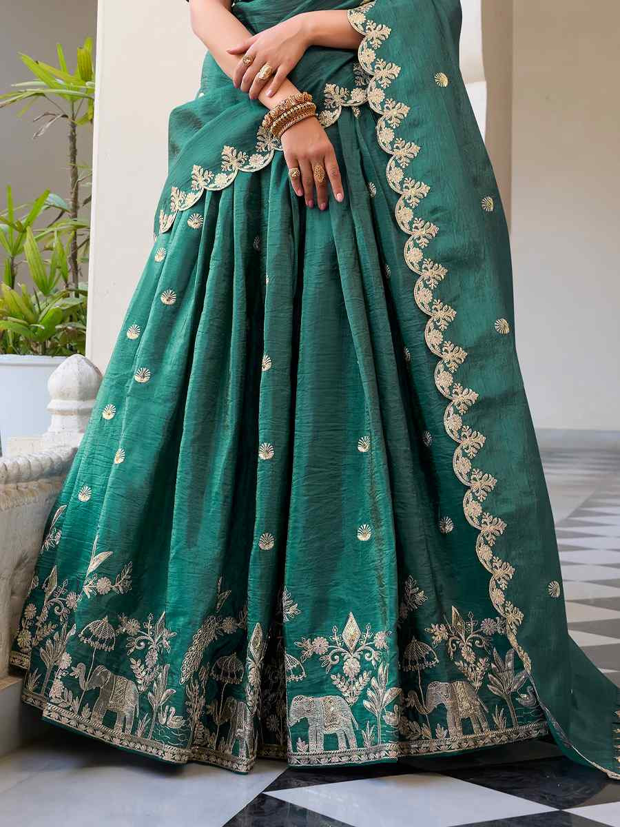Teal Gold Crush Embroidered Reception Wedding Lehenga Choli