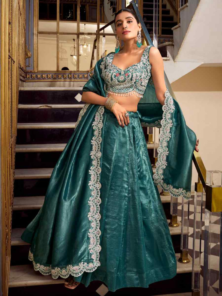 Teal Gold Crush Embroidered Reception Wedding Lehenga Choli