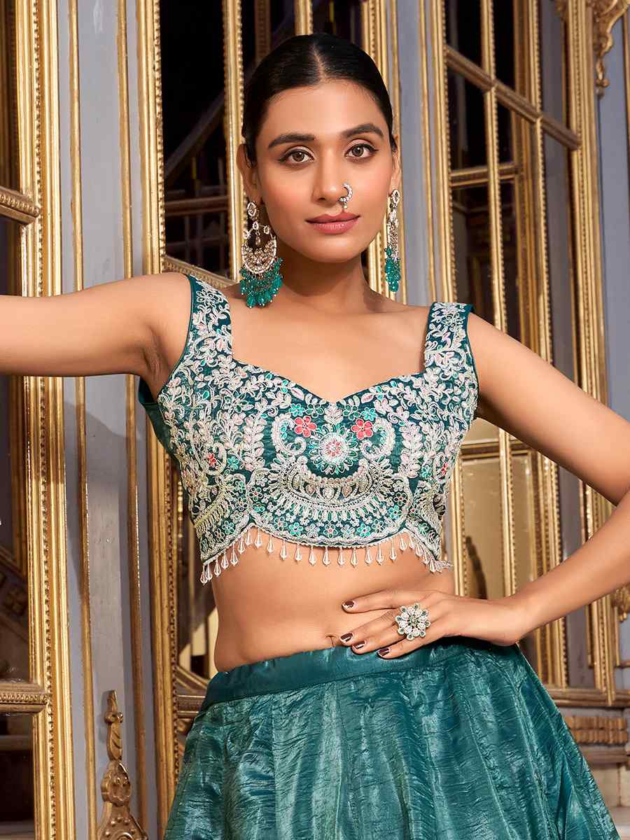 Teal Gold Crush Embroidered Reception Wedding Lehenga Choli