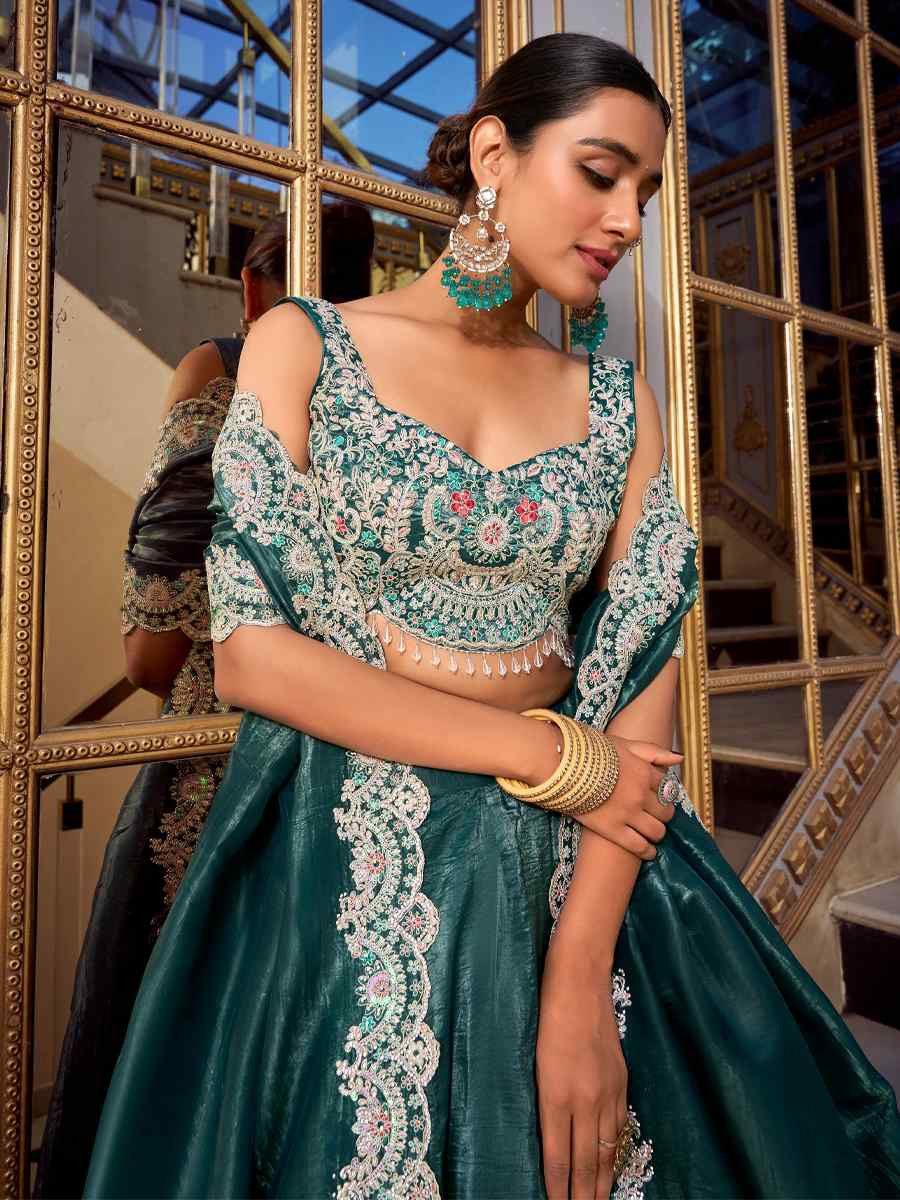 Teal Gold Crush Embroidered Reception Wedding Lehenga Choli