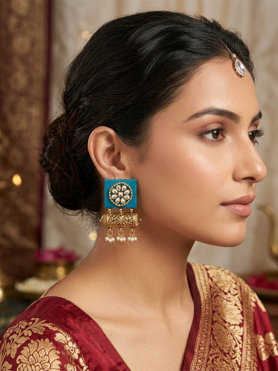 Teal Green Alloy Wedding Party Festival Wear Pearls Kundan Earrings