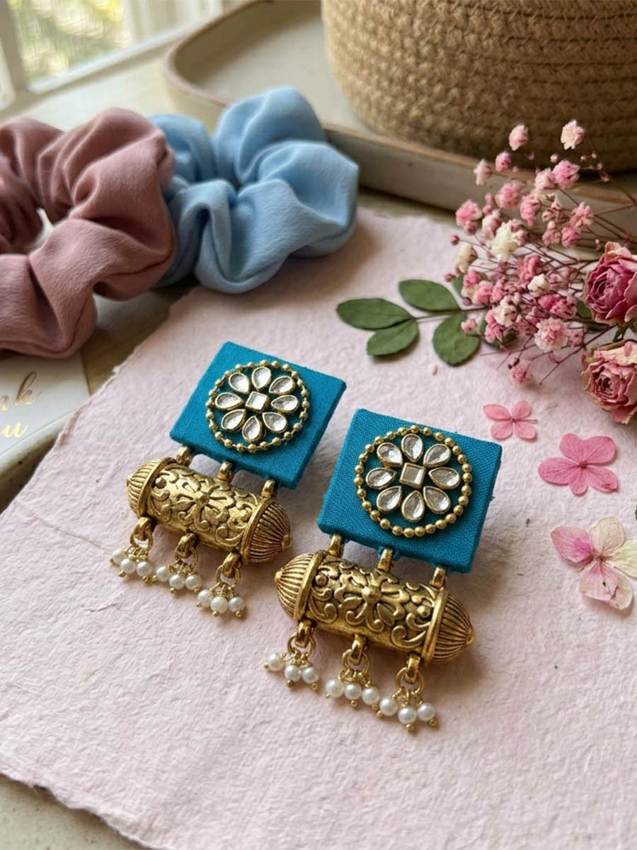 Teal Green Alloy Wedding Party Festival Wear Pearls Kundan Earrings