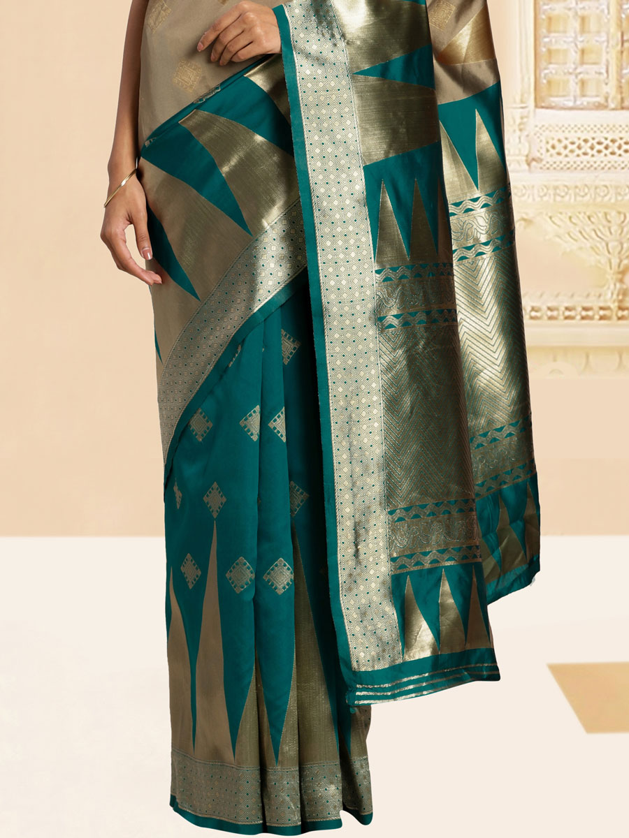 Teal Green and Ecru Brown Banarasi Silk Handwoven Party Saree