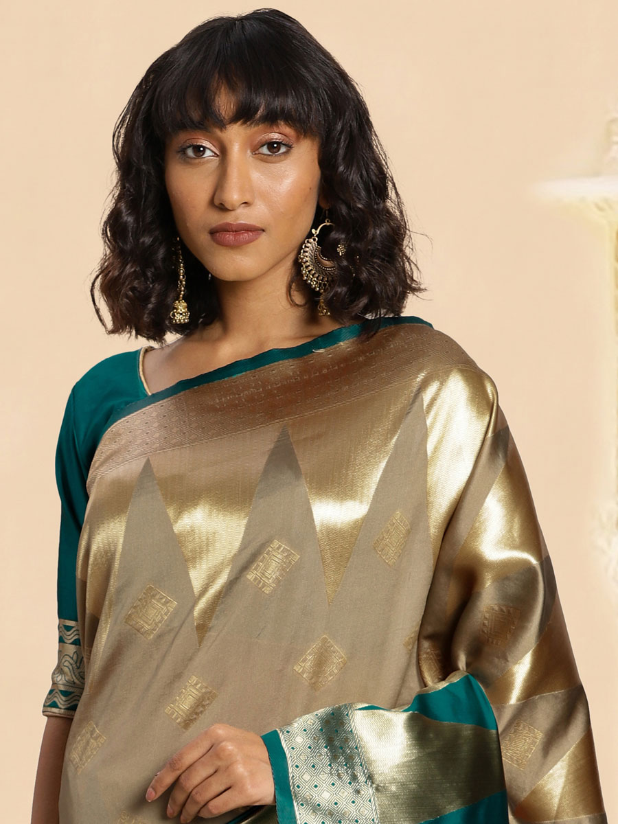 Teal Green and Ecru Brown Banarasi Silk Handwoven Party Saree