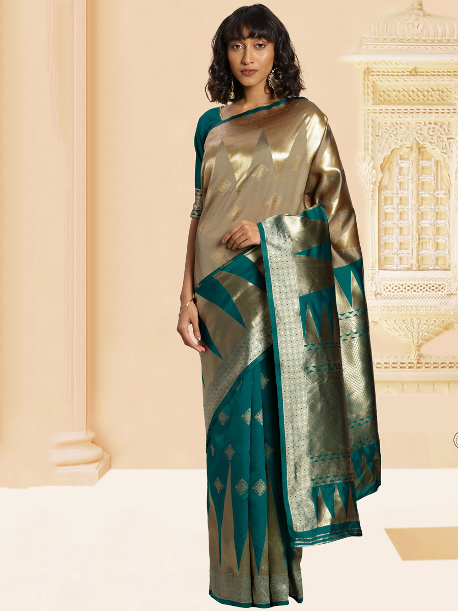 Teal Green and Ecru Brown Banarasi Silk Handwoven Party Saree