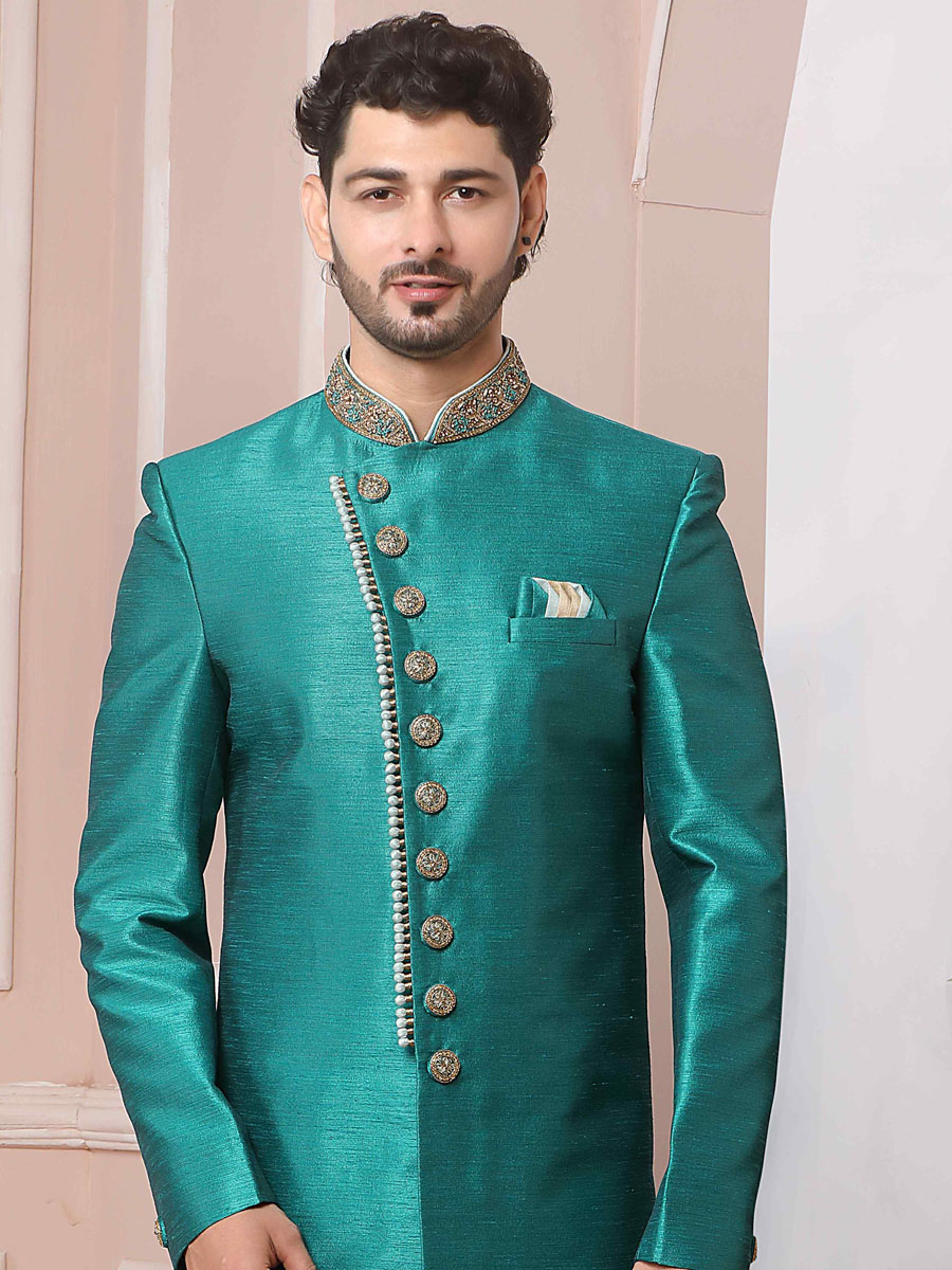 Teal Green Art Banarasi Silk Embroidered Festival Wedding Sherwani