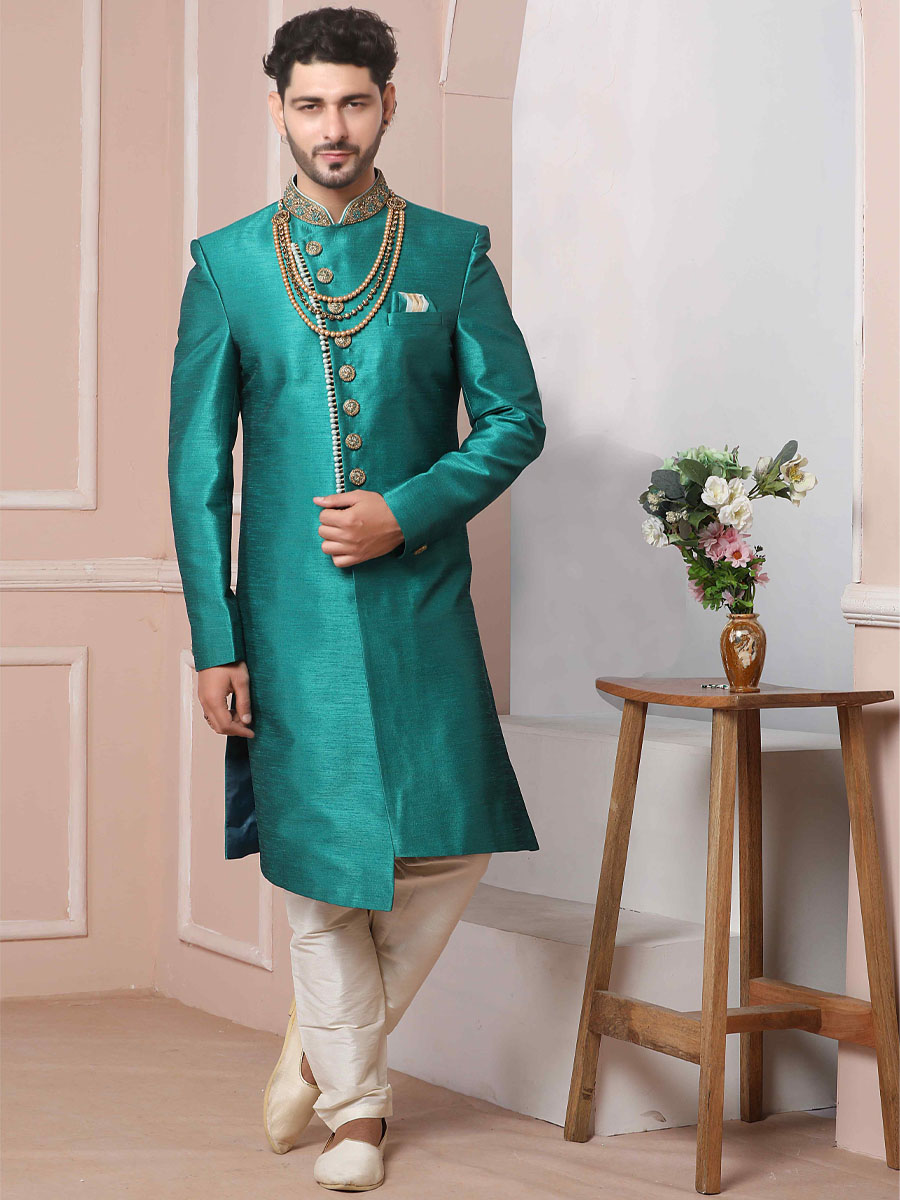 Teal Green Art Banarasi Silk Embroidered Festival Wedding Sherwani