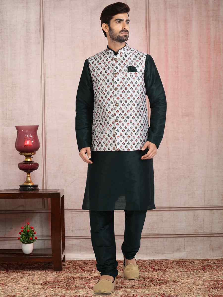 Teal Green Art Banarasi Silk Printed Festival Wedding Sherwani