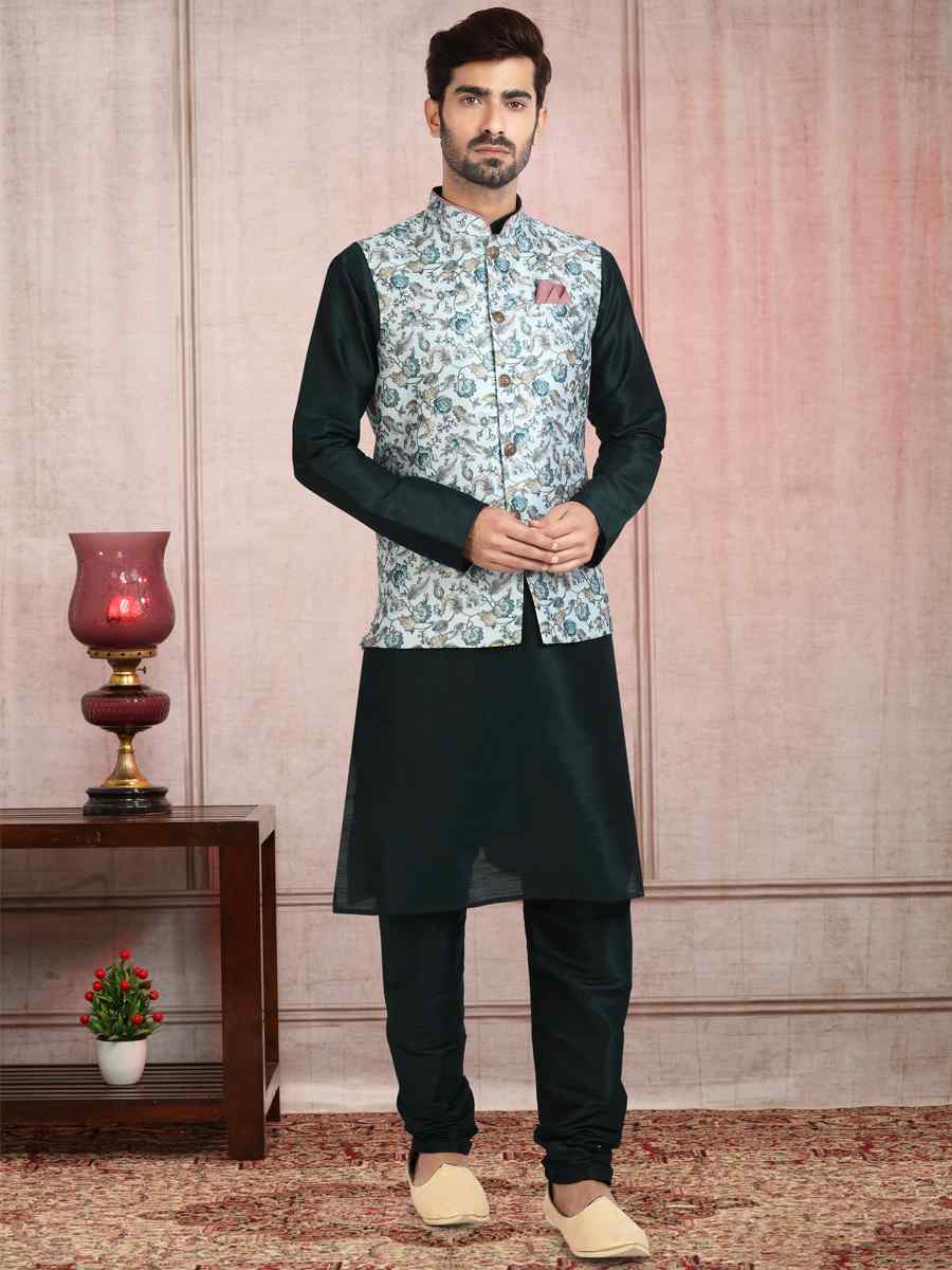 Teal Green Art Banarasi Silk Printed Festival Wedding Sherwani