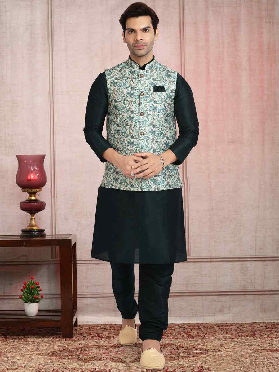 Teal Green Art Banarasi Silk Printed Festival Wedding Sherwani