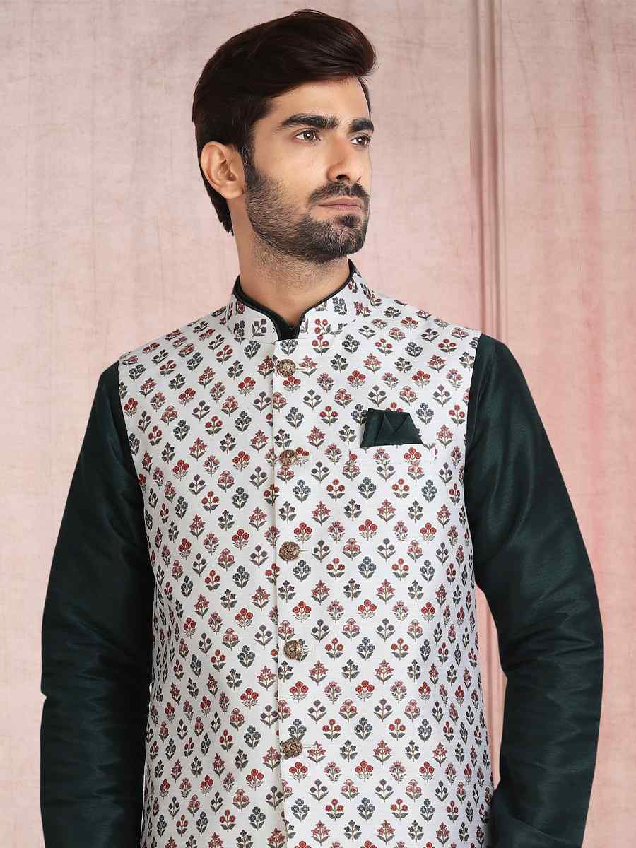 Teal Green Art Banarasi Silk Printed Festival Wedding Sherwani