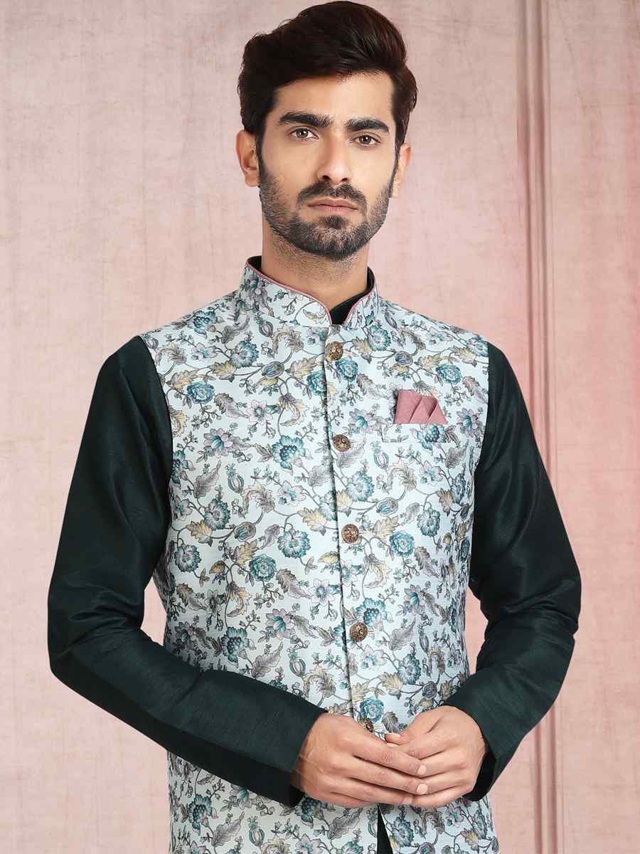 Teal Green Art Banarasi Silk Printed Festival Wedding Sherwani